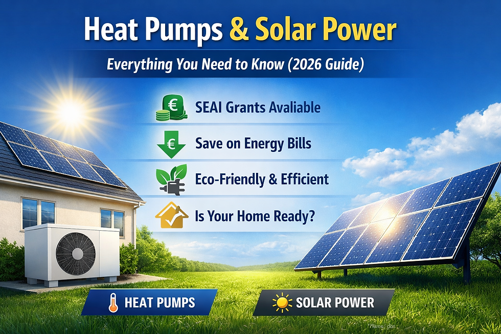 House with solar panels, heat pump, and text: Heat Pumps & Solar Power, SEAI Grants Available, Save on Energy Bills, Eco-Friendly & Efficient.