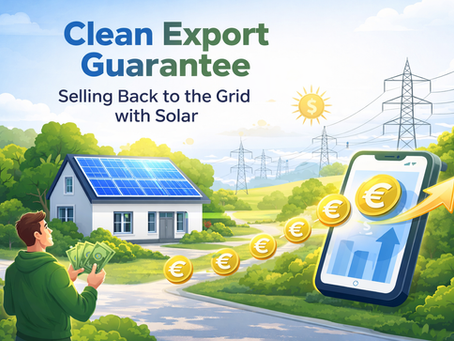 Man with money stands by a solar-paneled house. Coins and a smartphone with upward arrow symbolize selling solar power. Text: "Clean Export Guarantee."