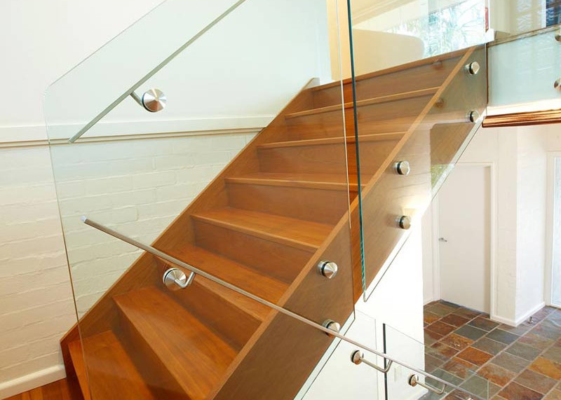 Pin fixed glass balustrade with offset handrail