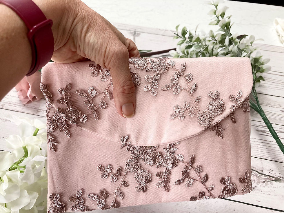 Thumbnail: Dusky pink lace clutch bag for phones on special occasions or mother of the bride