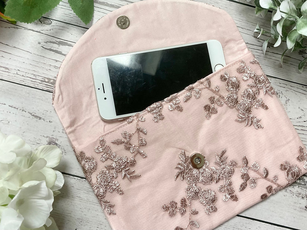 Thumbnail: Dusky pink lace clutch bag for phones on special occasions or mother of the bride