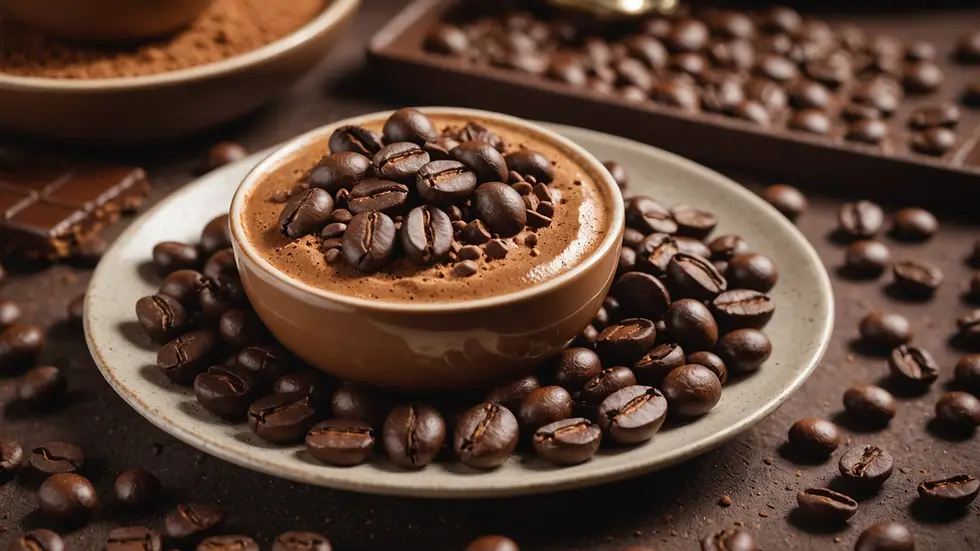 Close-up view of coffee beans with chocolate dessert
