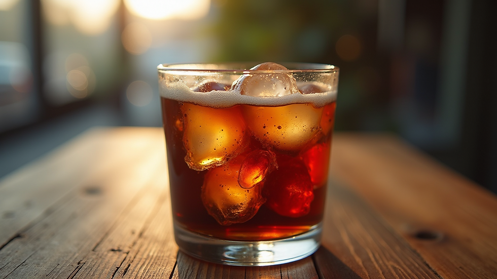 Close-up view of cold brew coffee in a glass over ice