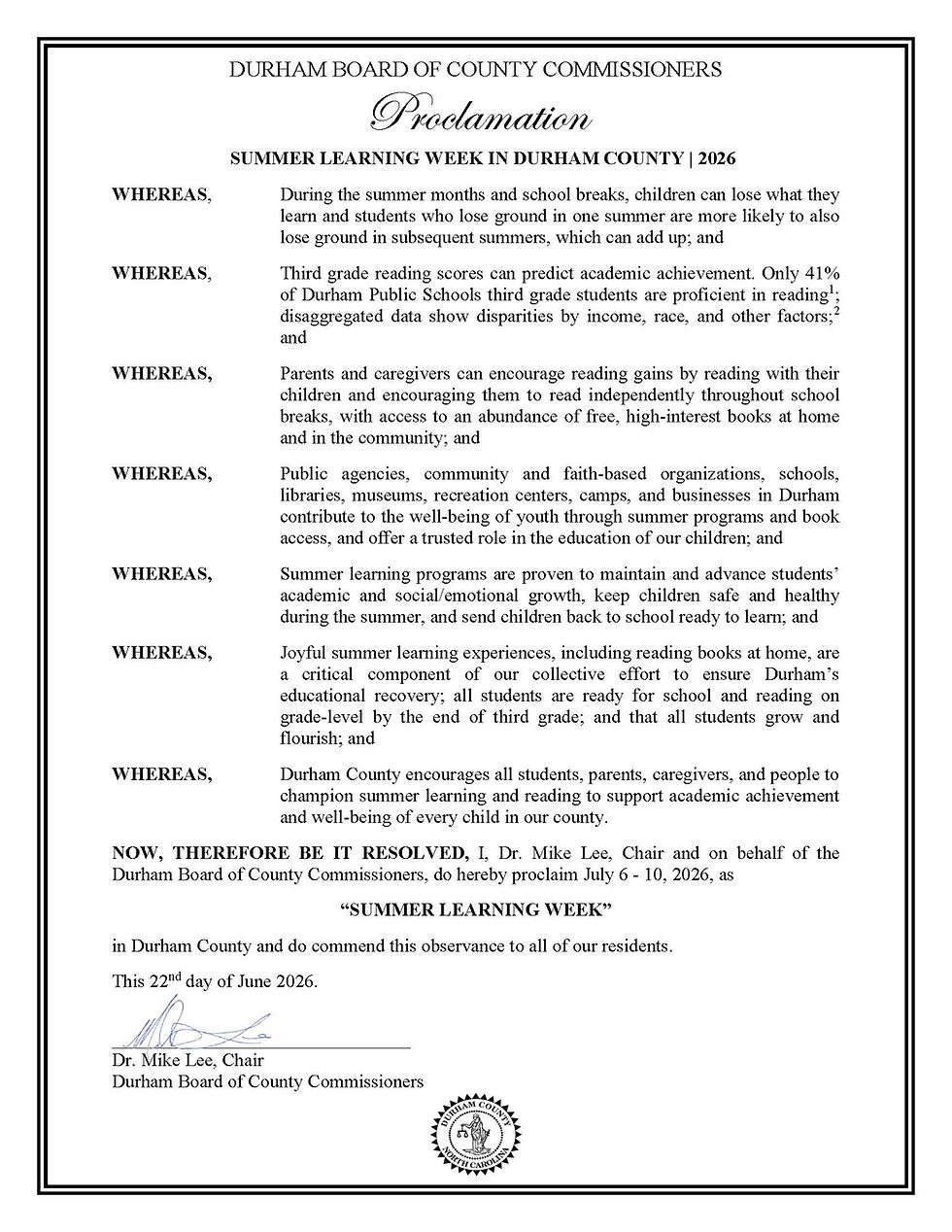 The official Durham Board of County Commissioners Proclamation for Summer Learning Week in Durham County, 2026.