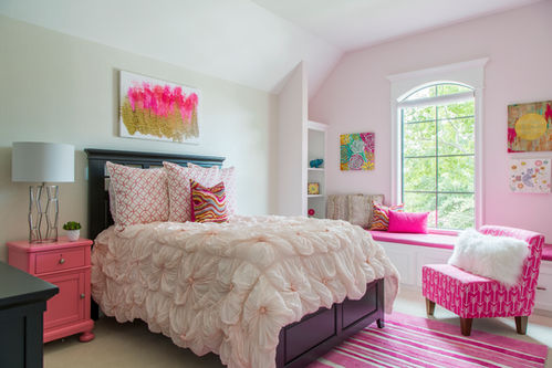 girls bedroom design with neutral walls, and pink accents in fabrics, chair, nightstand