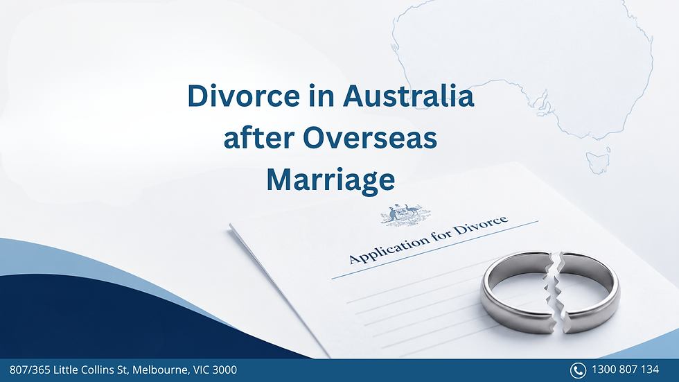 Professional blog image showing divorce in Australia after overseas marriage, with an Australian map outline, divorce application document, broken wedding ring, and Emigrate Lawyers branding.