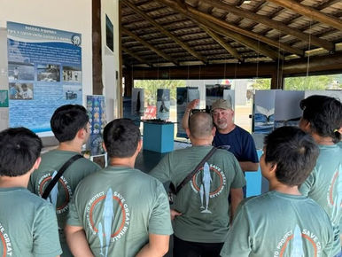 "Crew of international vessel visits Espaço Vida Marinha to exchange experiences on whale protection"