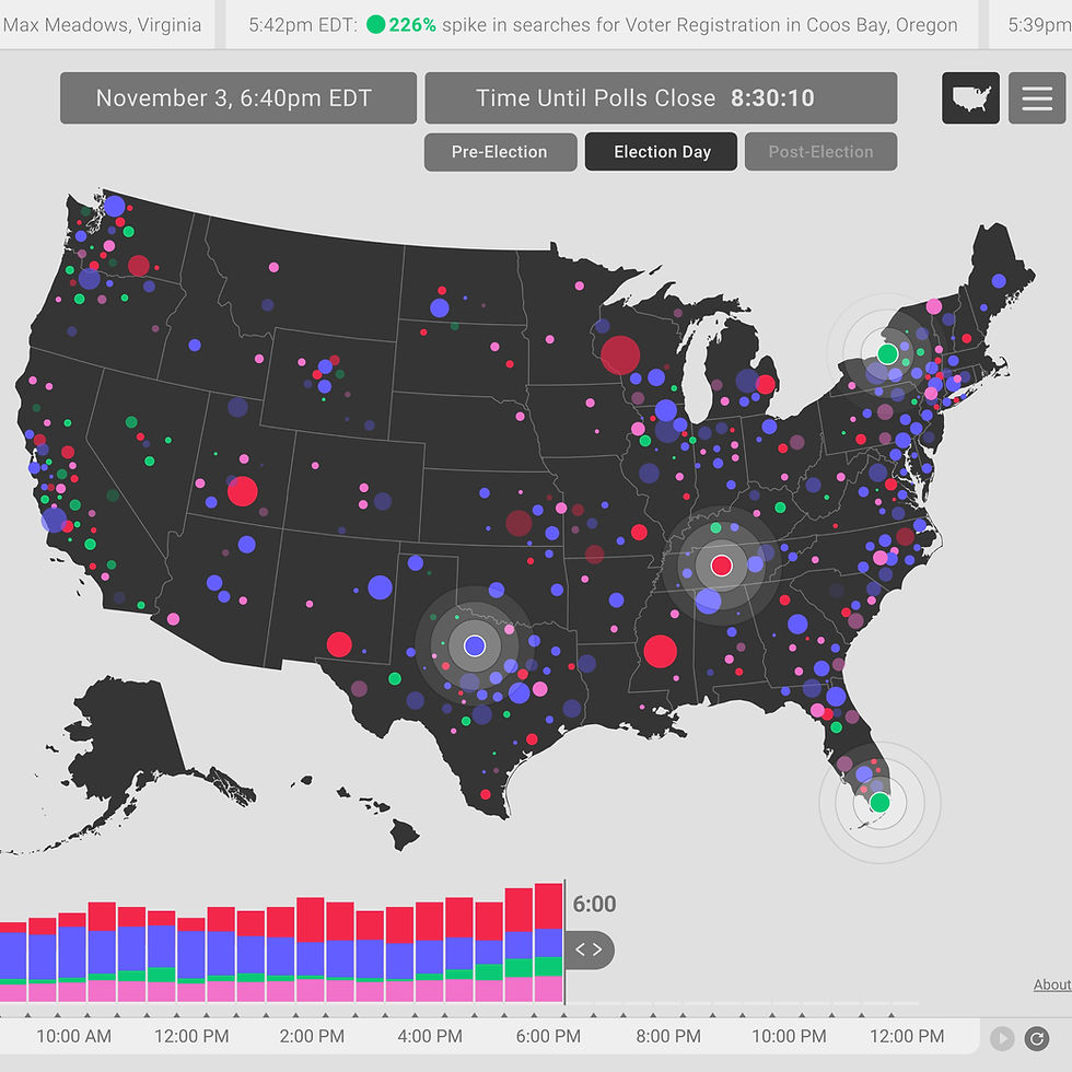 Google Election Land interface showing U.S. map with election‑related hotspots and topic activity.