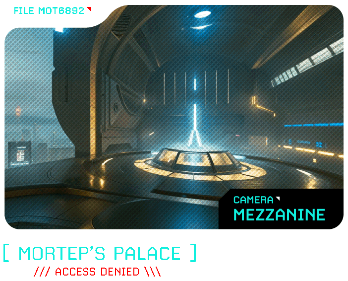 Mortep's Palace camera feed of guard armory, great hall, tower view, mezzanine.
