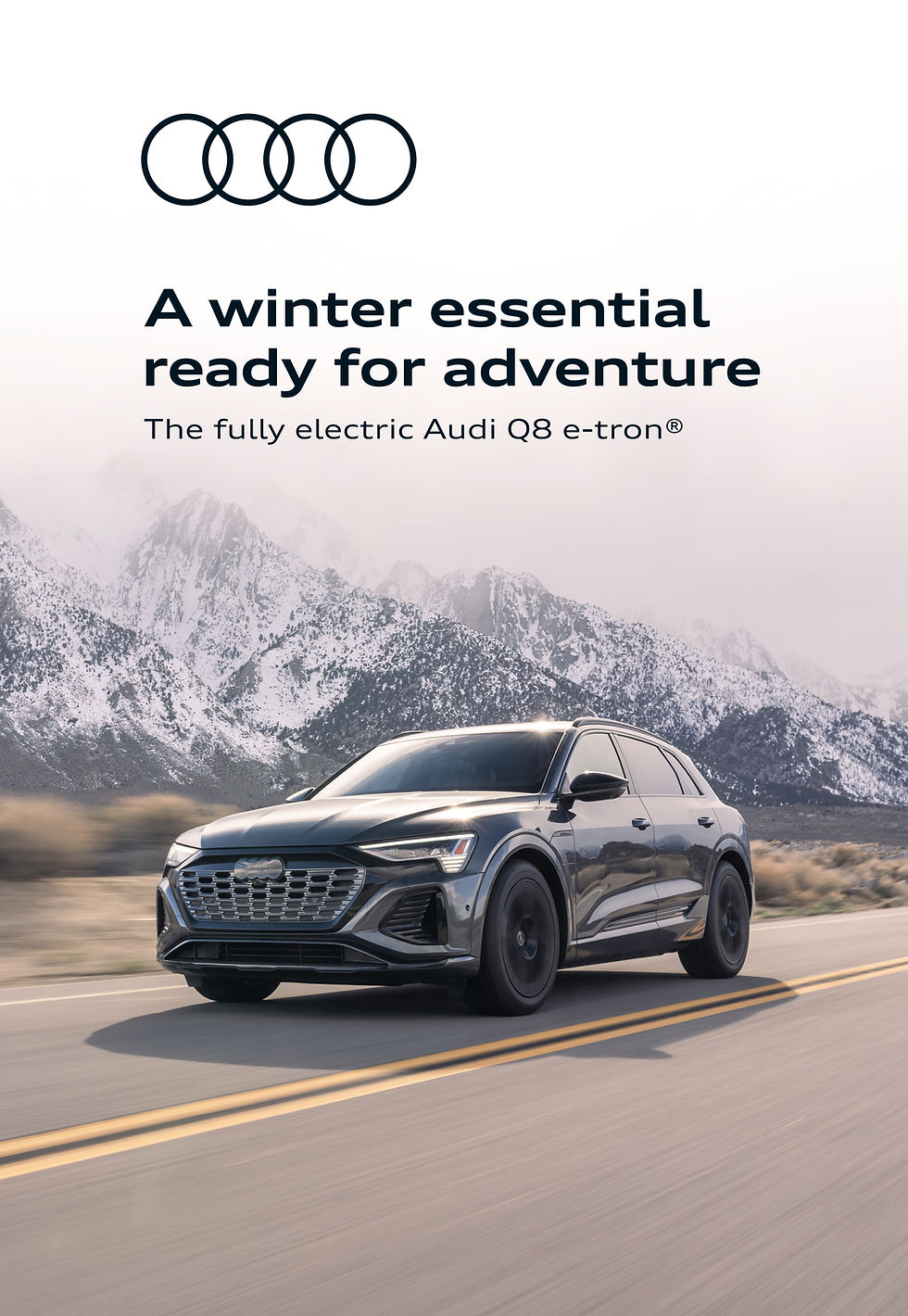 Audi Alpine event ad with headline “A winter essential ready for adventure” featuring the Audi Q8 e‑tron.