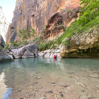 Wider section of the Narrows with shallow water and hikers in Zion National Park