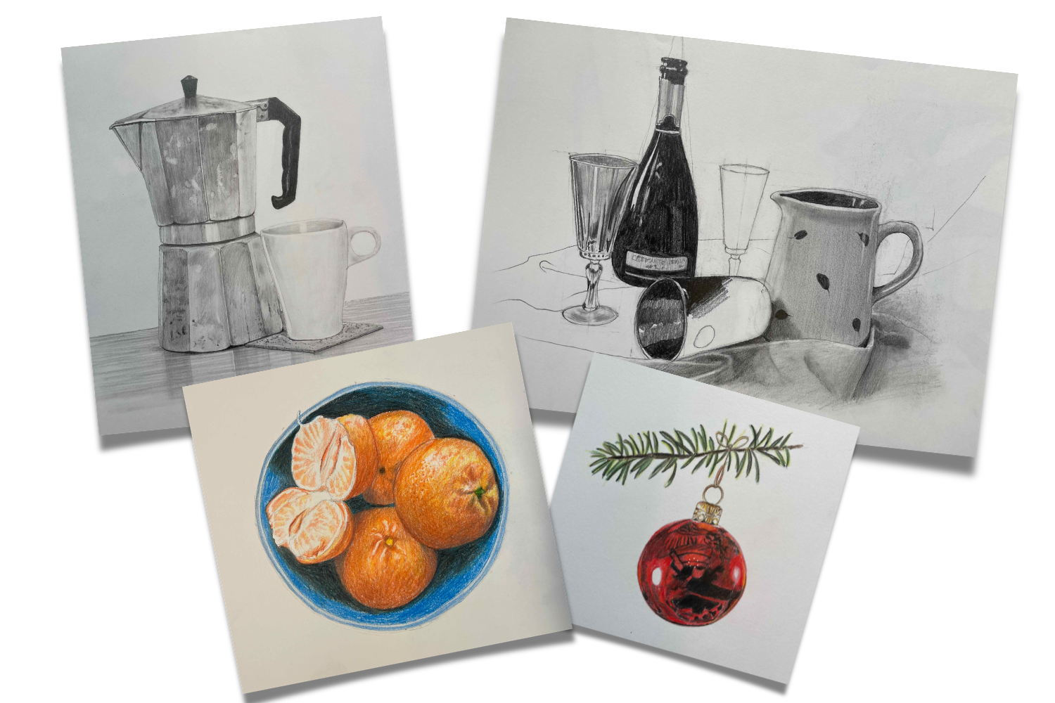 still life drawings in pencil and coloured pencil