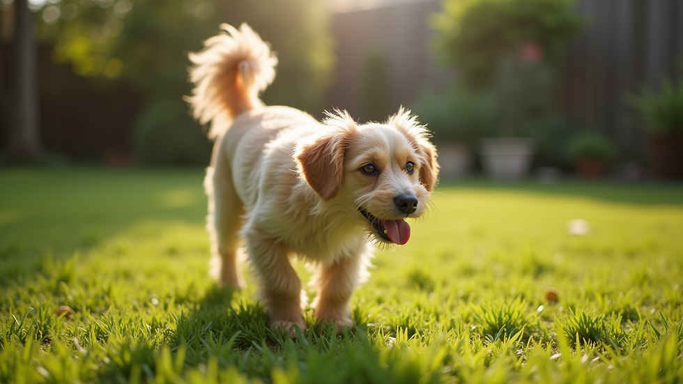 High angle view of a dog playing in the yard after using EVERYONCE Shampoo