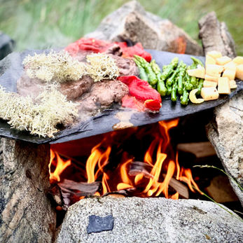 Greenland BBQ with local meats on flat rock, part of luxury Arctic culinary experience and exclusive Greenland tour.