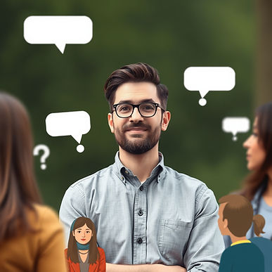 Smiling man with glasses surrounded by speech bubbles and people, background blurred.