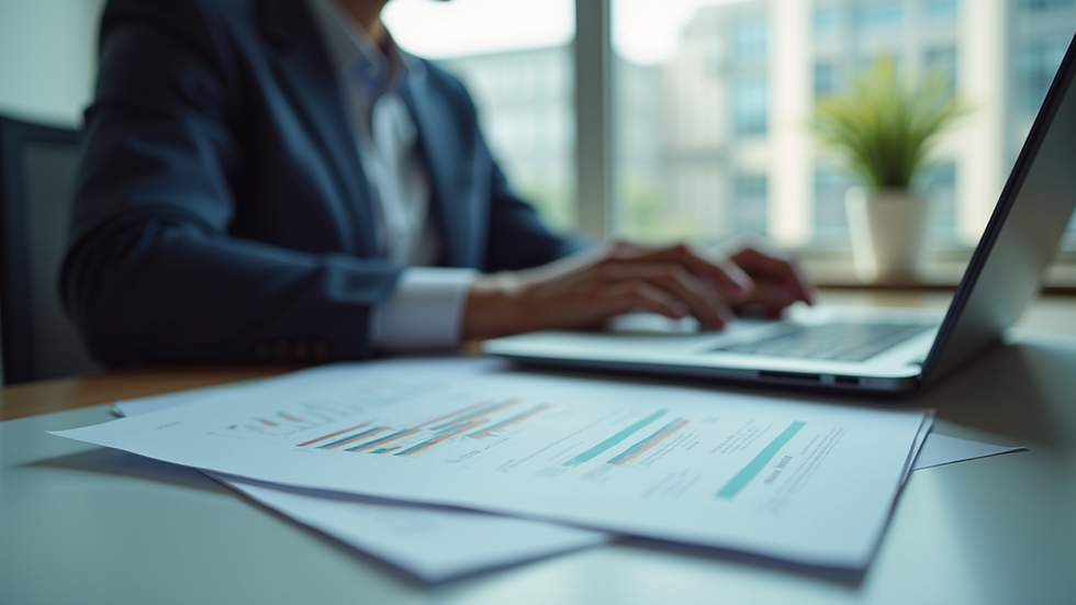 Eye-level view of a modern office desk with financial reports and a laptop