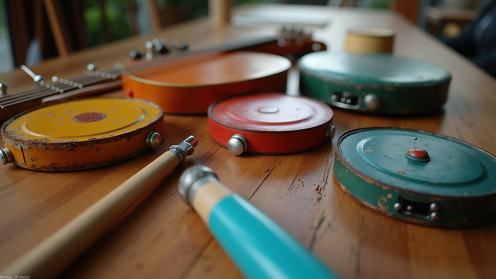Eye-level view of colorful musical instruments arranged on a wooden table