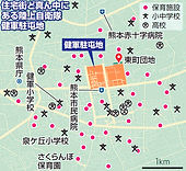 熊本の健軍駐屯地の周辺地図。住宅街のど真ん中にあると書かれており、教育・医療施設がマッピングされている。