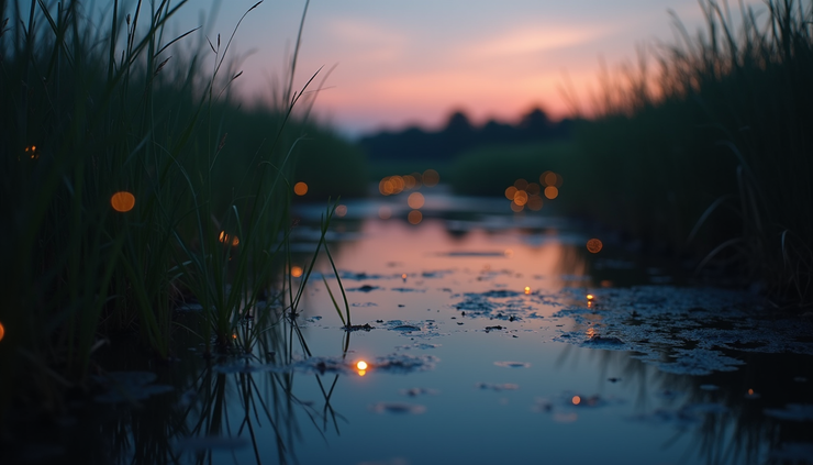Eye-level view of a calm wetland with fireflies glowing at dusk