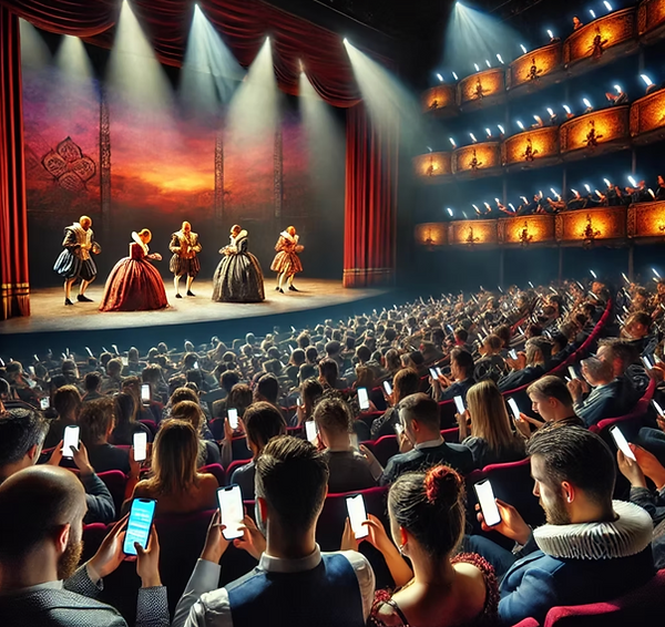 AI imagined image of a shakespeare play with teh audience on their phones.