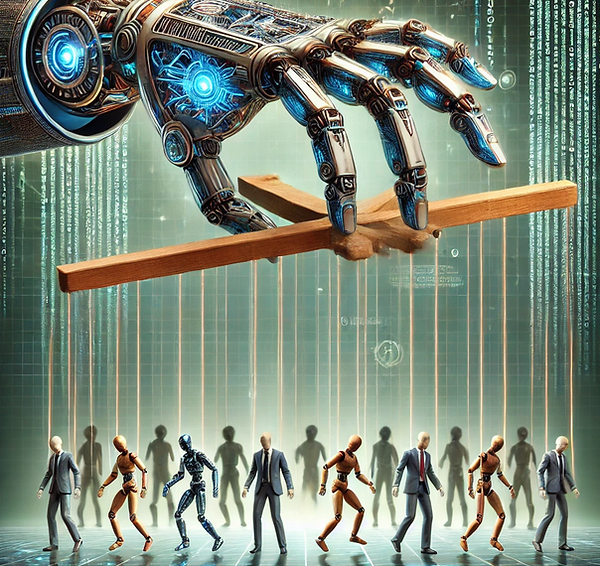 Robot hand leading human marrionettes