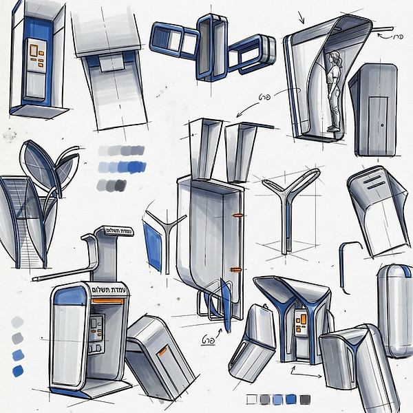 Iterative industrial design sketching process exploring shapes and proportions for a custom terminal