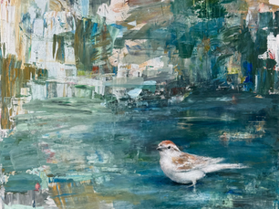 Wading II, Nature painting featuring a bird by Tracey Lane