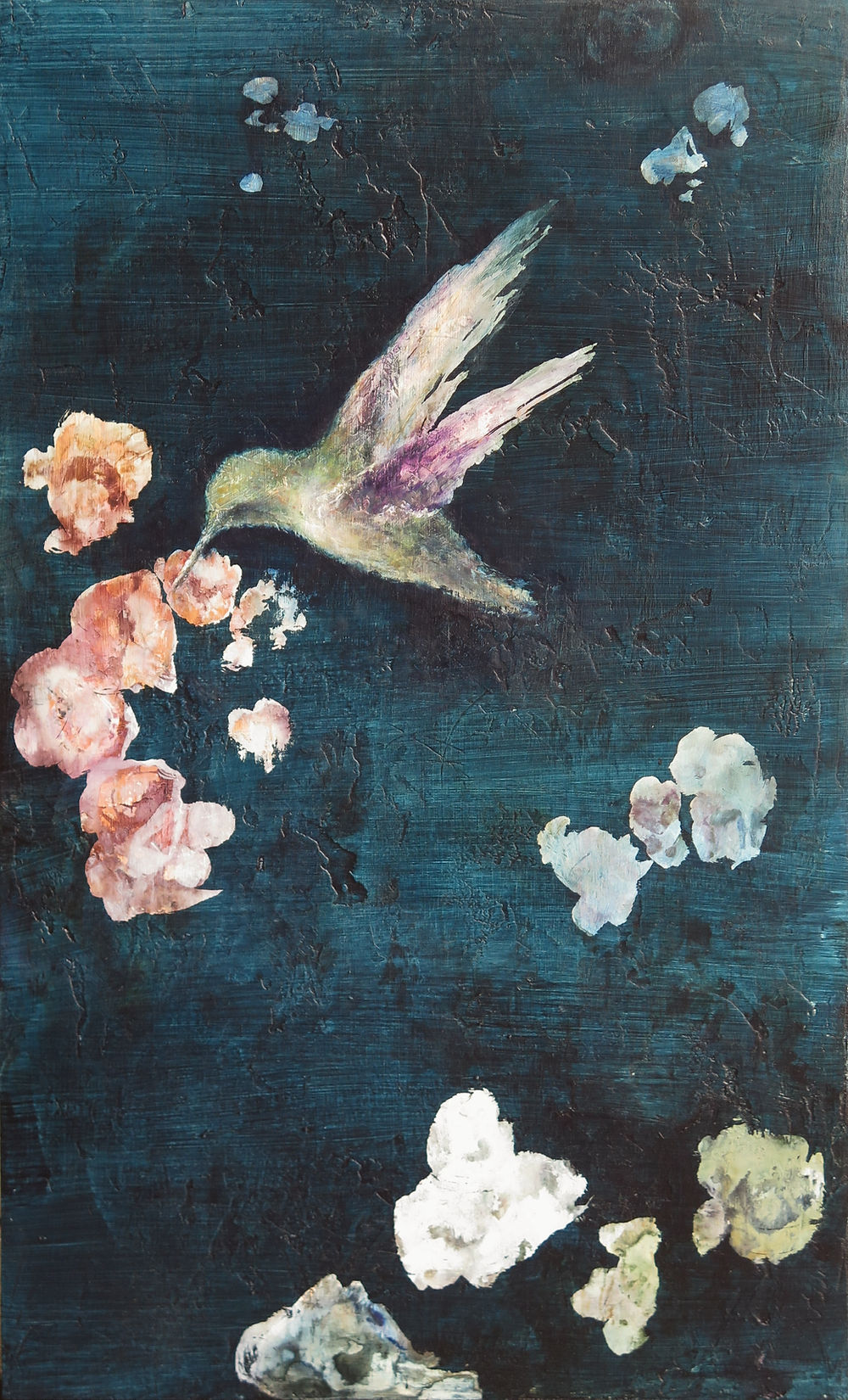 Atmospheric original contemporary acrylic painting of humingbird by Tracey Lane Atlanta artist