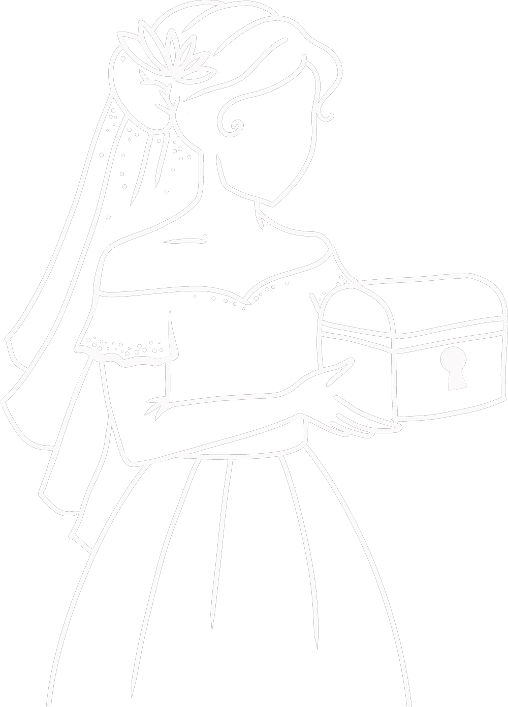 Mariée élégante tenant un coffre à clé, prête à dévoiler les secrets de l’escape game mariage MadyOui