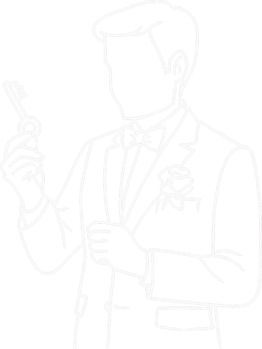 Marié élégant tenant une clé, prêt à résoudre l’escape game mariage MadyOui avec style et complicité