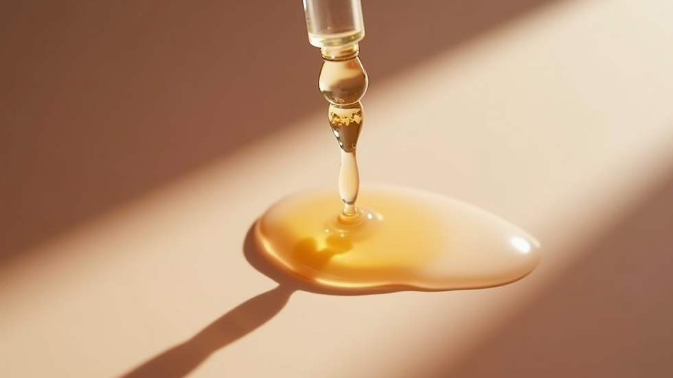 Close-up view of a glass dropper releasing serum onto a smooth skin surface