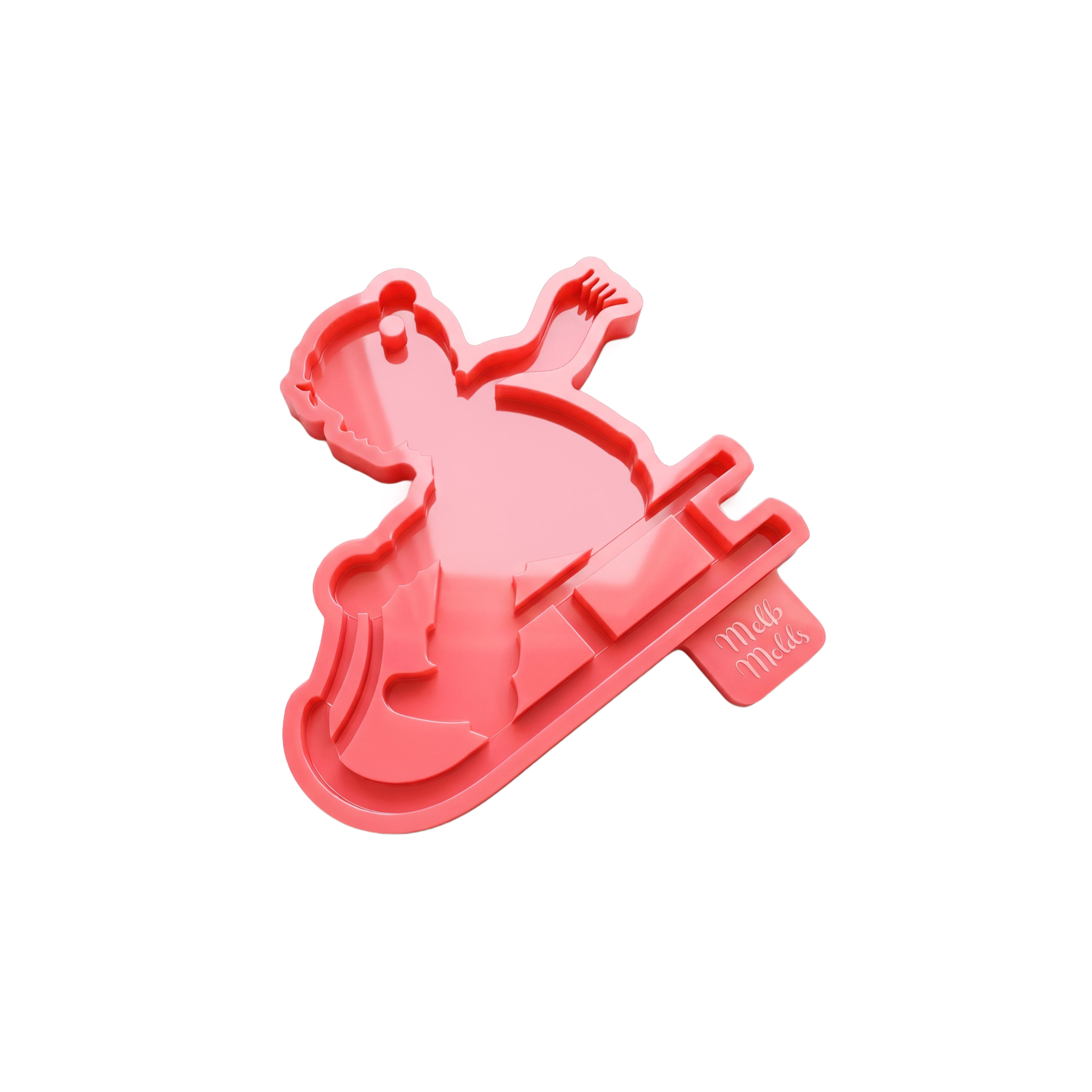 Pink silicone ornament mold showing a child in a winter hat and scarf riding a sled.