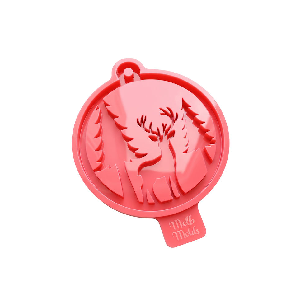 Miniaturbild: MelbMolds pink silicone mold for epoxy resin Christmas bauble ornaments with a reindeer and fir trees.