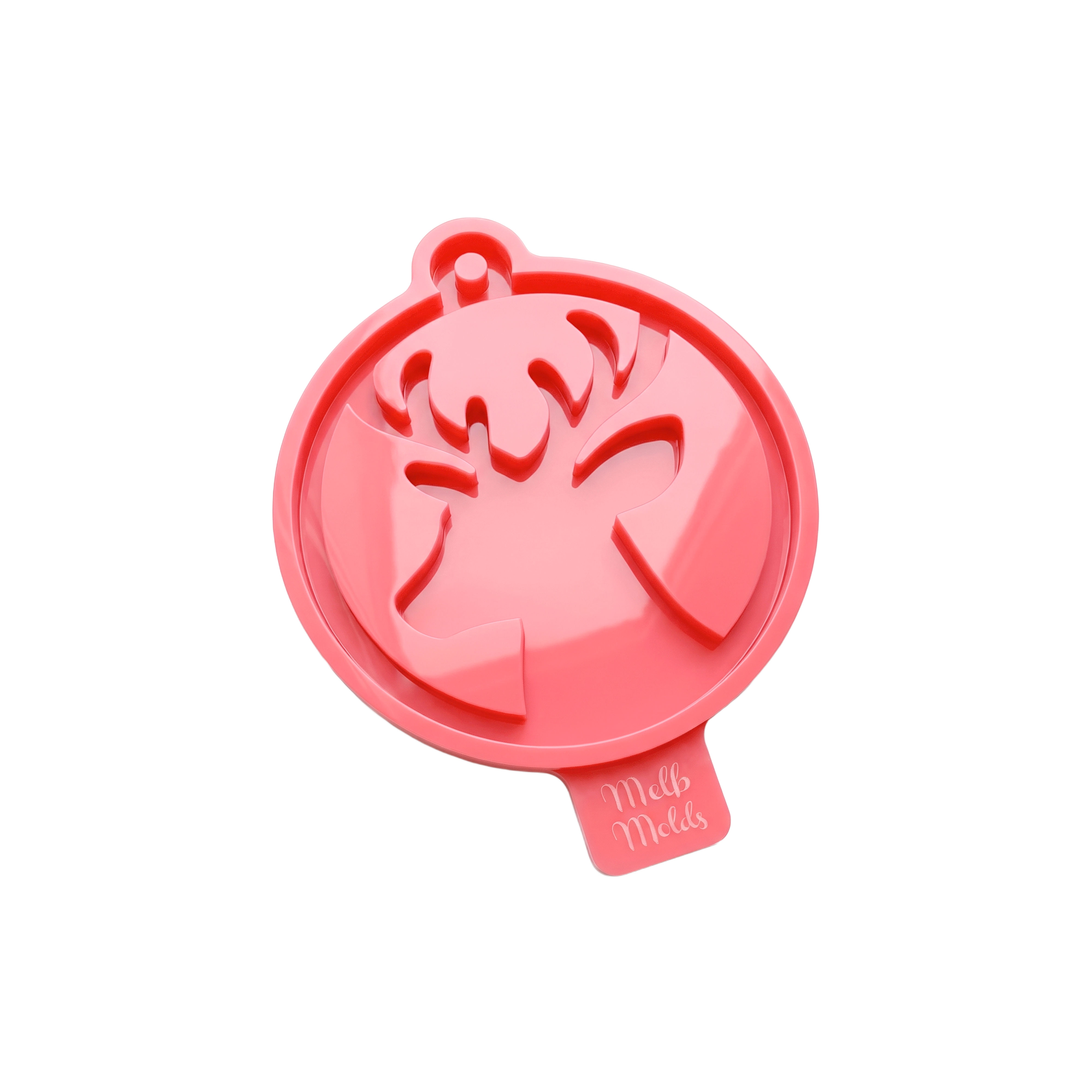 Pink silicone round ornament mold with an antlered deer head silhouette and hanging-hole pin.