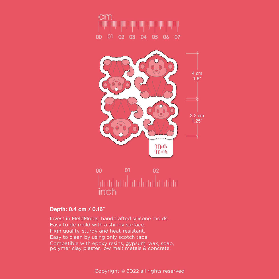 MelbMolds cute seated monkey silicone mold size guide: 4 cm / 1.6 in and 3.2 cm / 1.25 in high; depth 0.4 cm (0.16 in).