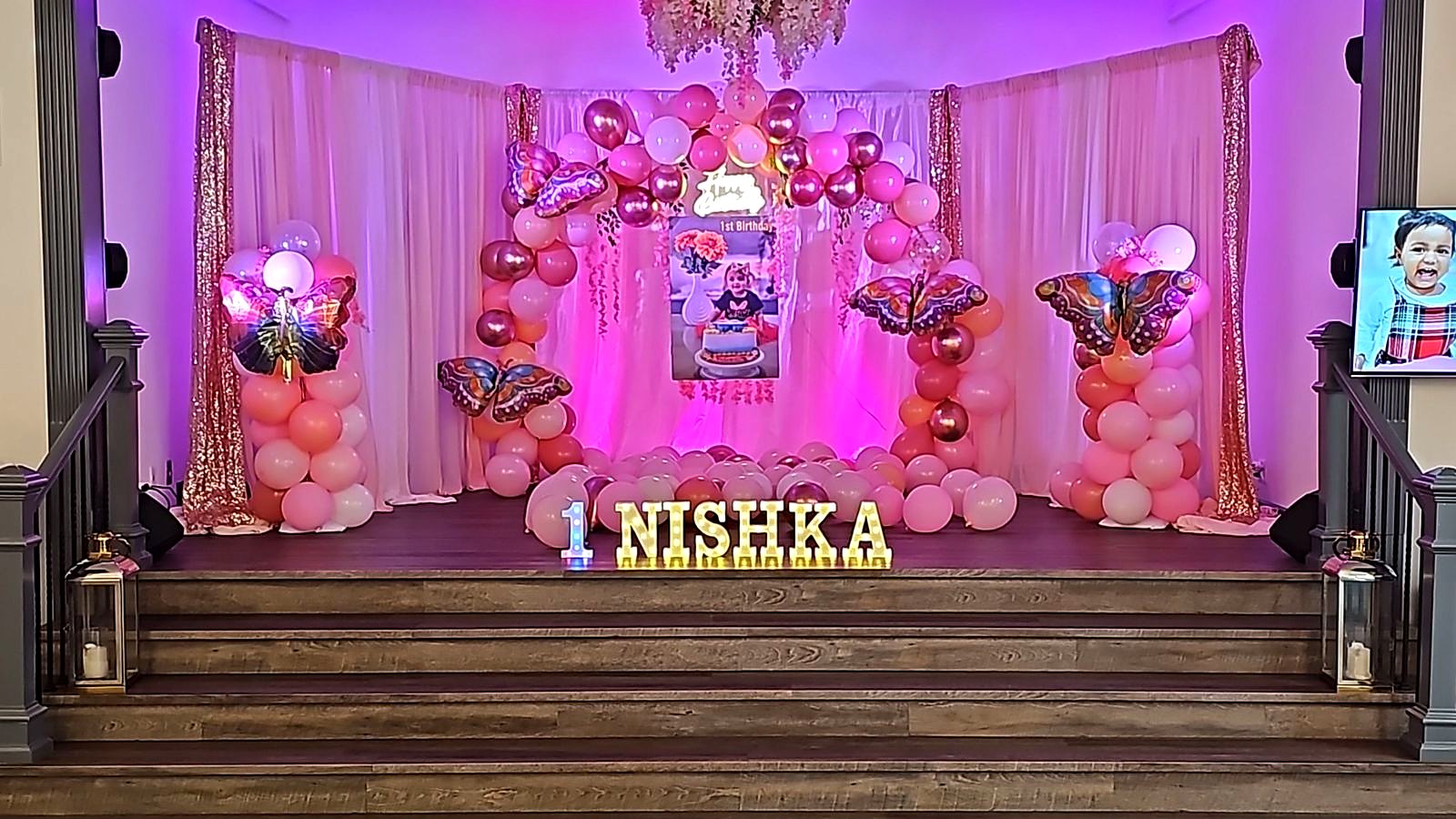 Pink butterfly 1st birthday stage