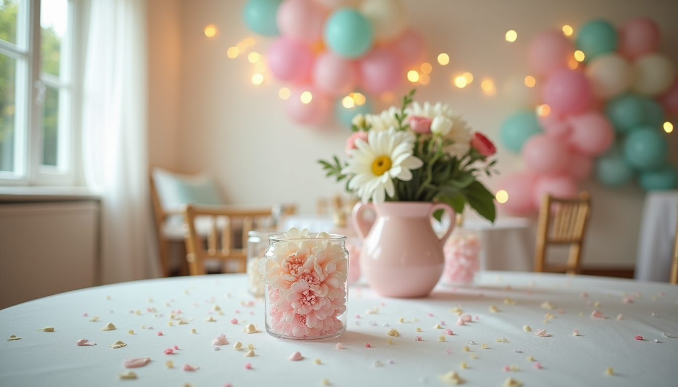 Close-up view of decorated baby shower table with pastel balloons and floral centerpiece