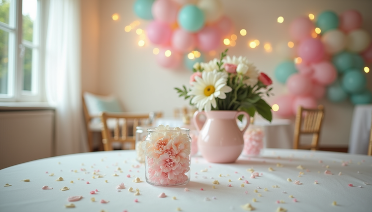 Close-up view of decorated baby shower table with pastel balloons and floral centerpiece