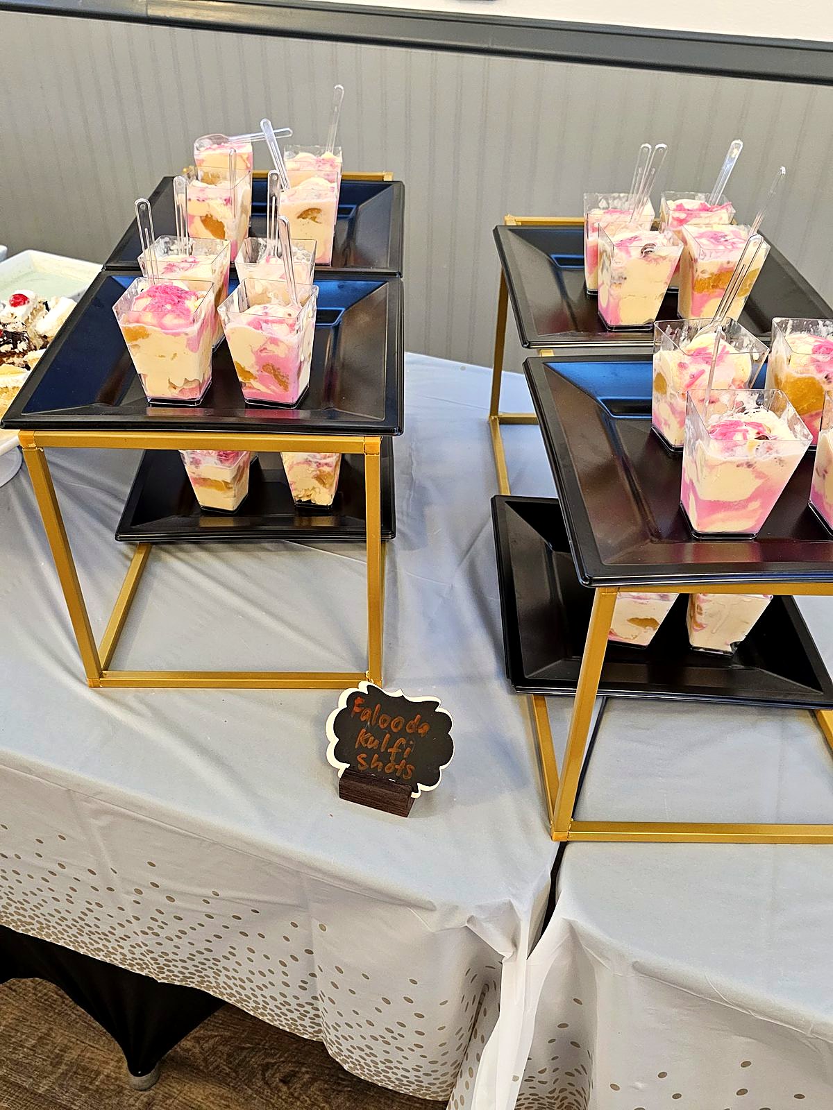 Falooda kulfi shots on tiered gold dessert stands