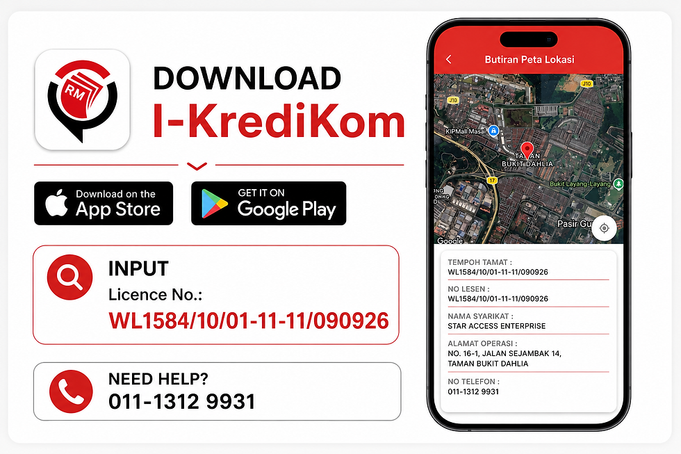 KPKT menyediakan aplikasi i-KrediKom untuk:
✔ Mencari syarikat Kredit Komuniti berlesen
✔ Membuat semakan berkaitan aduan
✔ Mendapatkan penerangan mengenai hak peminjam
✔ Mengetahui jenis kesalahan di bawah Akta dan Peraturan Pemberi Pinjam Wang.