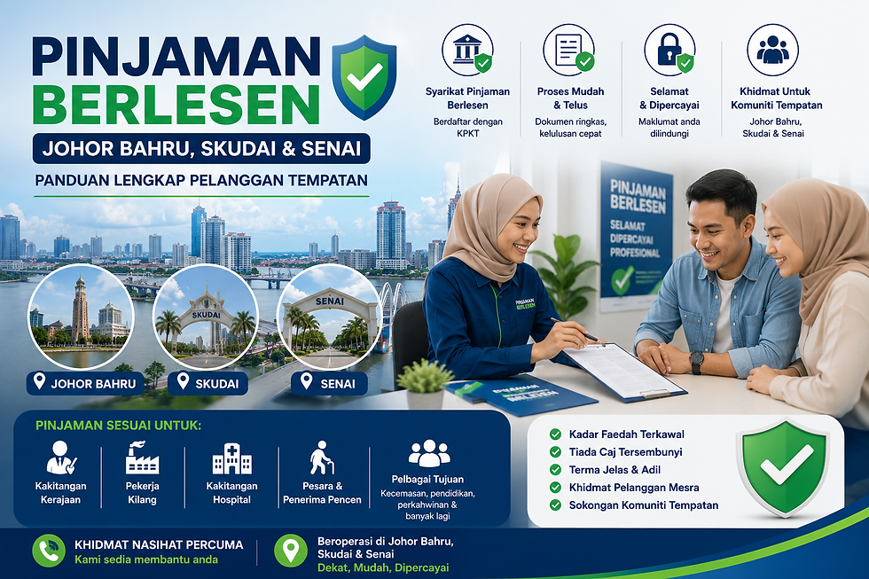 Mencari pinjaman berlesen di Johor Bahru, Skudai atau Senai? Ketahui cara semak lesen KPKT, kadar faedah, dokumen, hak peminjam dan perkara penting sebelum membuat permohonan.
