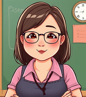 an female asian french teacher with shoulder length hair cartoon style chubbier fatter big