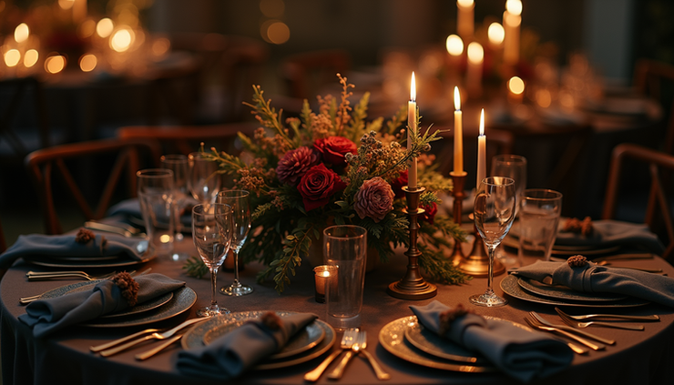Close-up view of a moody event centerpiece with dark floral arrangement and gold candle holders