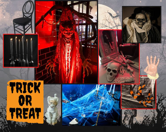 Creepy Halloween decorations, Trick or Treat text, spider web, skull, themed visuals, Event Decor Hire.