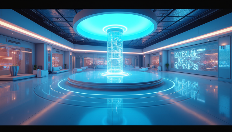 Eye-level view of a futuristic event space with AI-driven personalized lighting and décor elements