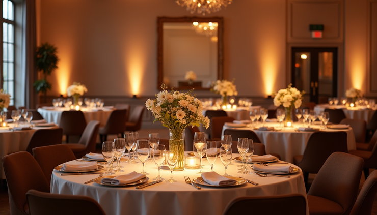 Eye-level view of a modern event space with elegant table centerpieces and ambient lighting