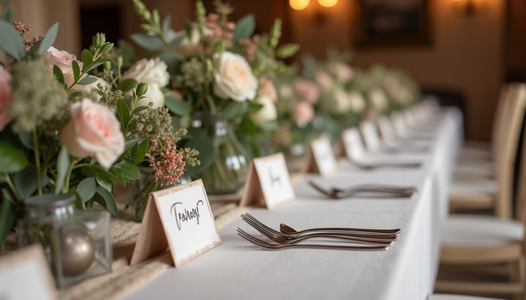 Eye-level view of a rustic event table decorated with handmade floral arrangements and personalized name cards