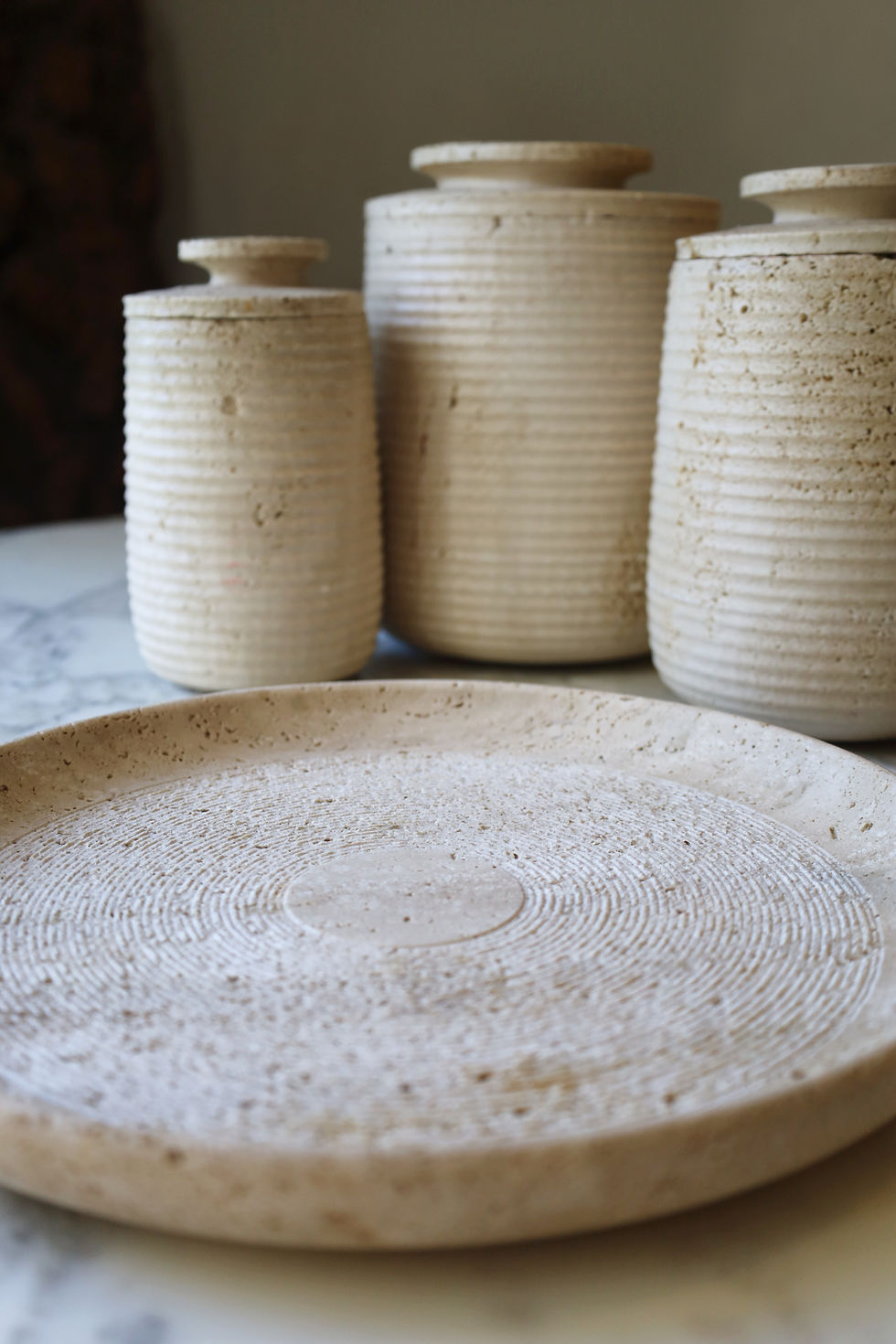 Thumbnail: Trio of Lidded Travertine Jars by Pier Alessandro Giusti & Egidio Di Rosa
