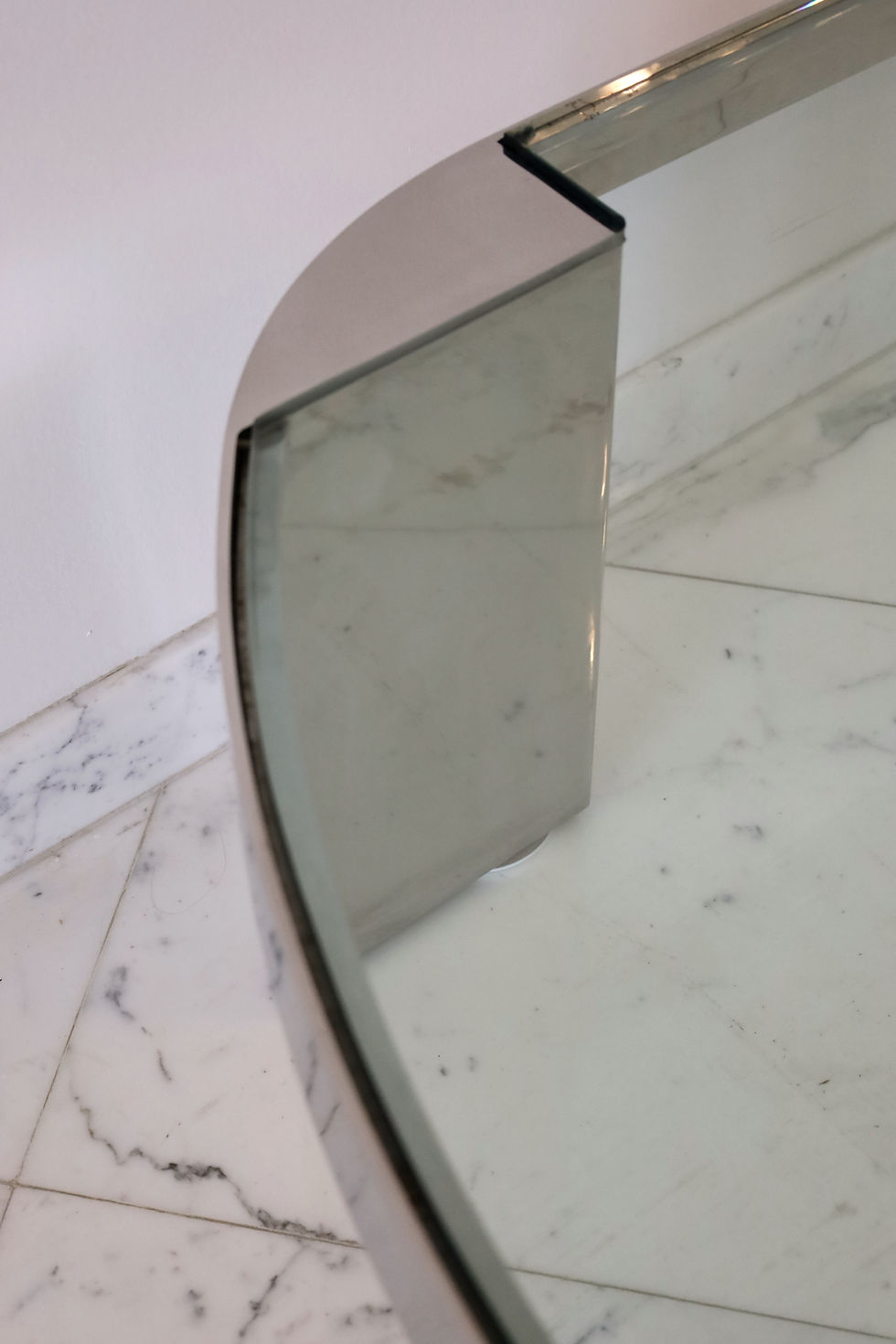 Thumbnail: Storied Art & Home | Monumental Vintage Karl Springer Polished Steel 'Banker' Coffee Table