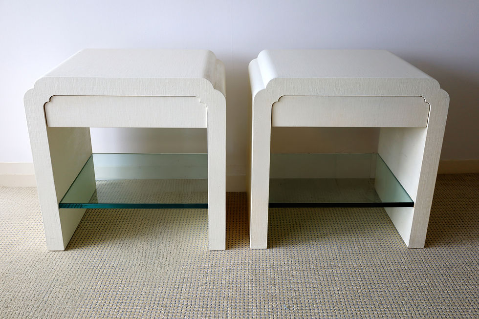 Thumbnail: Storied Art & Home | Vintage Ron Seff 'Deco Style' Scalloped Edge Ivory Linen Lacquered Side Tables, 1970s